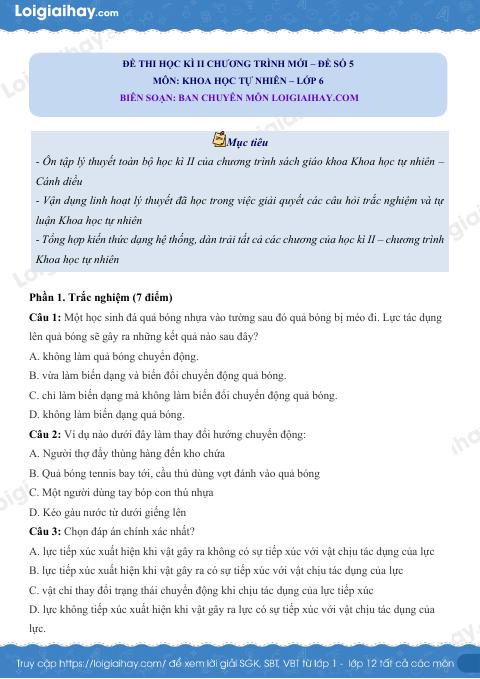 Đề thi học kì 2 KHTN 6 Cánh diều - Đề 5